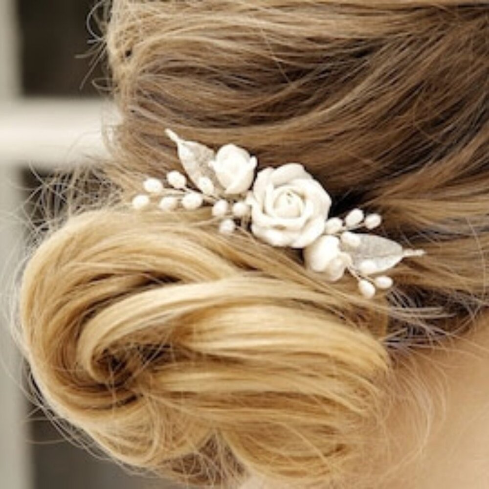 Porcelain Flower Bridal Silver Hair Comb